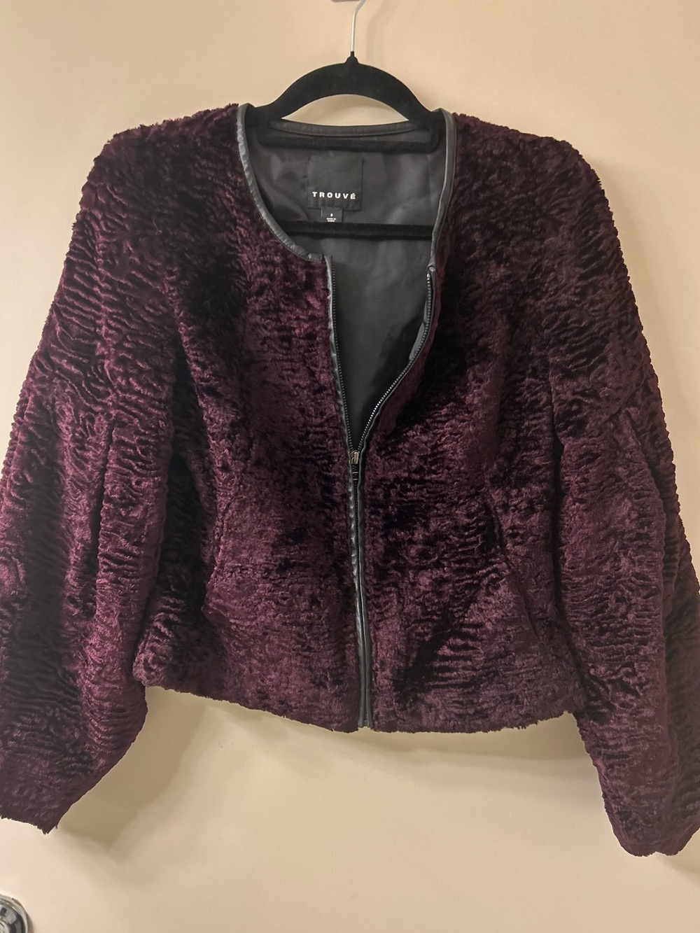 Trouvé Rich Plum Faux Fur Leather Trim Jacket Balloon Sleeve Indie Sz Small EUC